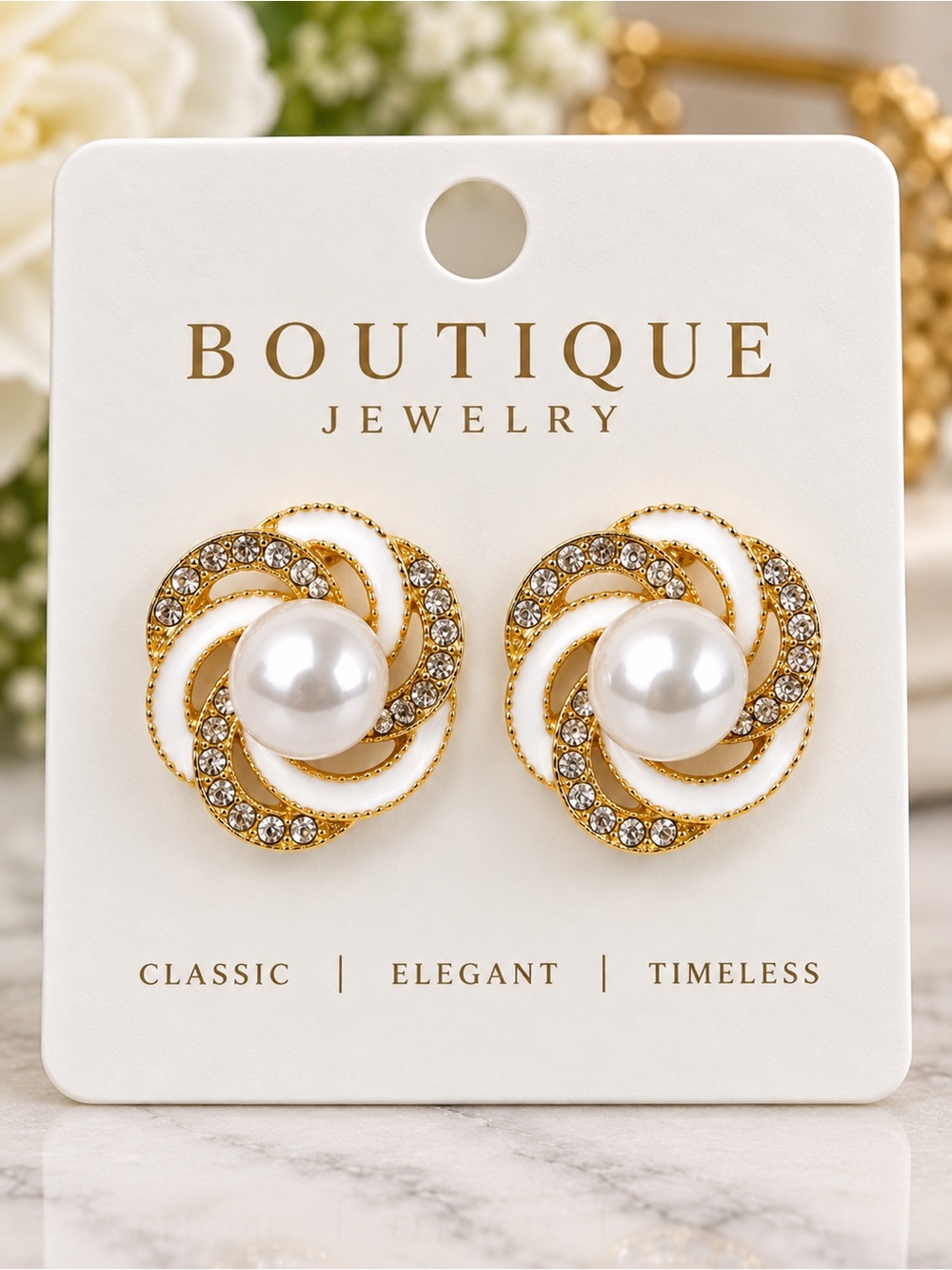 Boutique Pearl Rhinestone Gold Tone Swirl Stud Earrings White Enamel - Picture 2 of 7